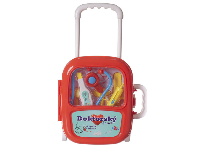 Sada doktor se stetoskopem v kufříku na kolečkách 